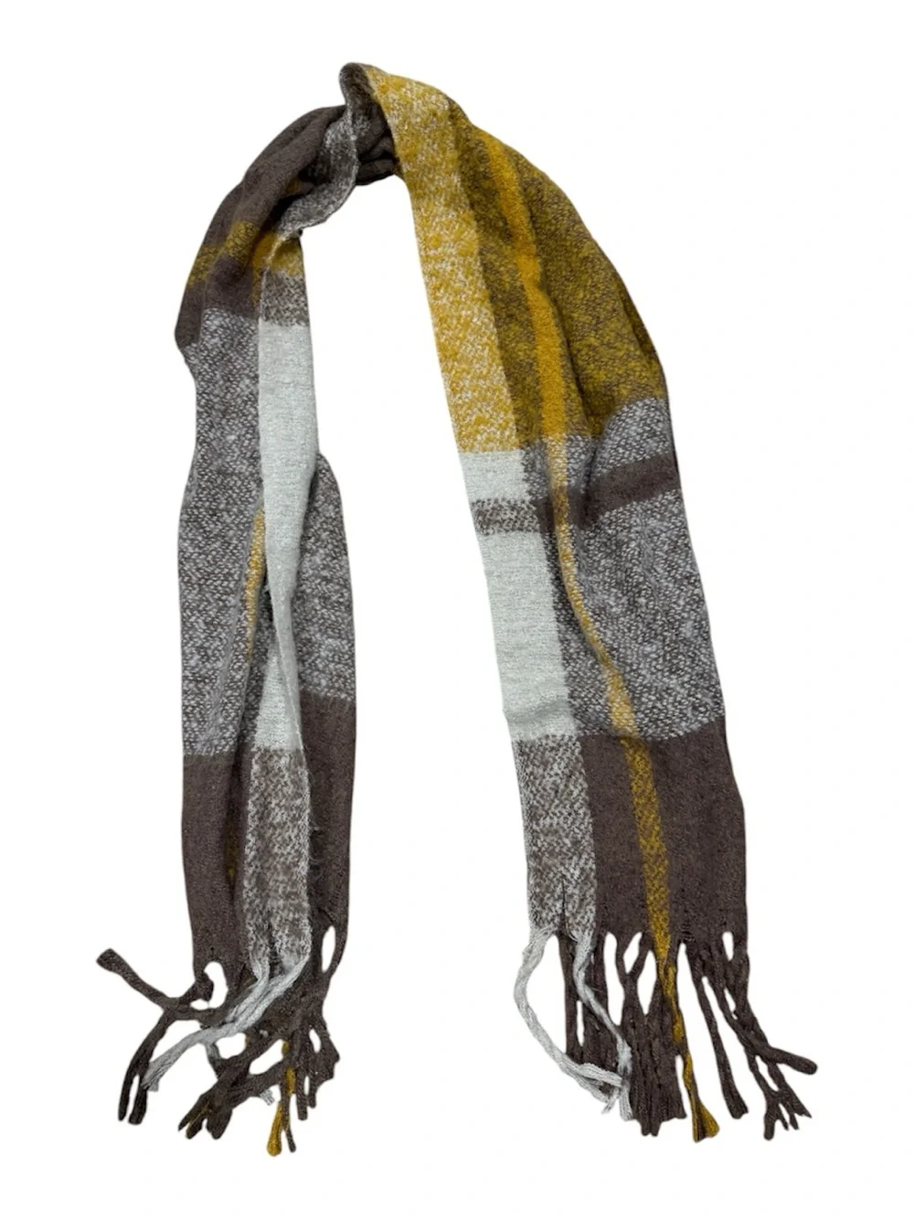 Cozy Plaid Fringe Scarf in Mustard, Brown & Cream